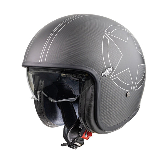 Premier Vintage Evo Star Carbon BM helmet in matte gray with carbon fiber pattern and white star graphic