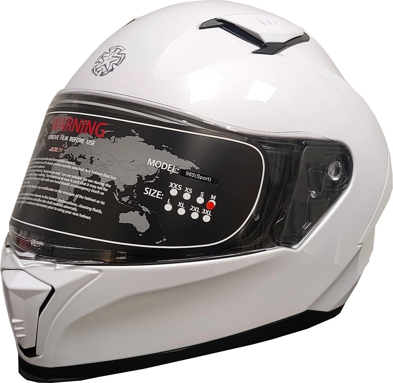 Timeless sport uni helmet, white full-face with tinted visor.