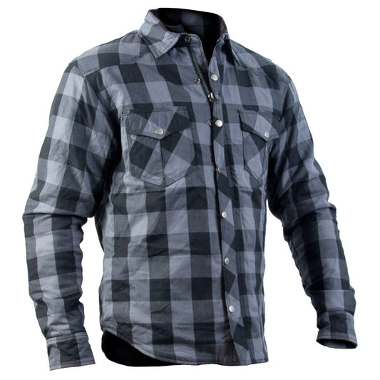 Timeless HillBilly kevlar shirt in grey and black plaid; zip-front with snap buttons and two chest pockets.