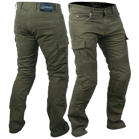 Timeless Bandit kevlar jeans, green stretch denim with cargo pockets