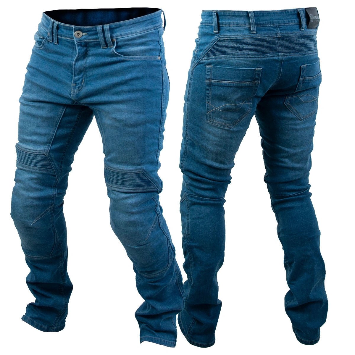 Timeless Rascal kevlar jeans, blue stretch denim, CE certified, front and back views