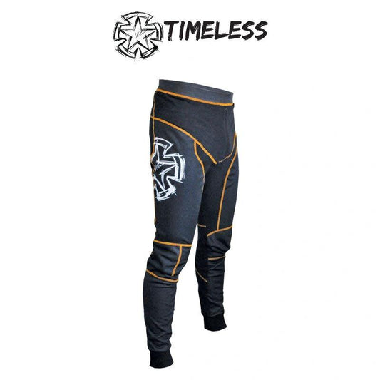 Timeless Turbulence S windproof pant, black fabric with orange piping seams and bold white graphic logo.