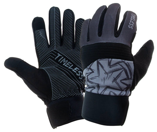 Timeless Freetime gloves Stretch, black pair with grey patterned cuff and blue-lined palm