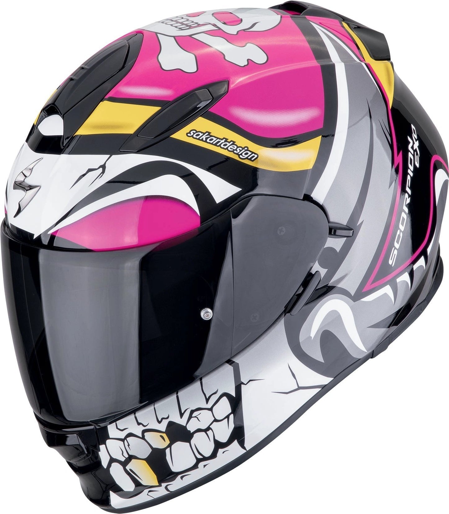 Scorpion EXO-491 Pirate Pink full-face helmet with skull graphic
