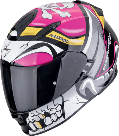 Scorpion EXO-491 Pirate Pink full-face helmet with skull graphic