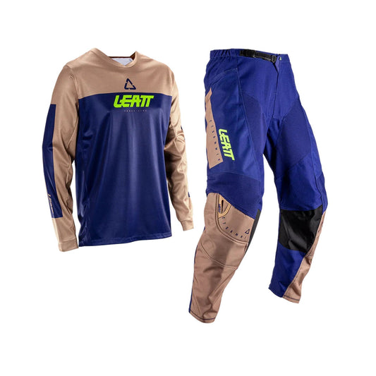 Leatt Ride Kit Moto 3.5 Brown V26 jersey and pants in blue and tan colorway