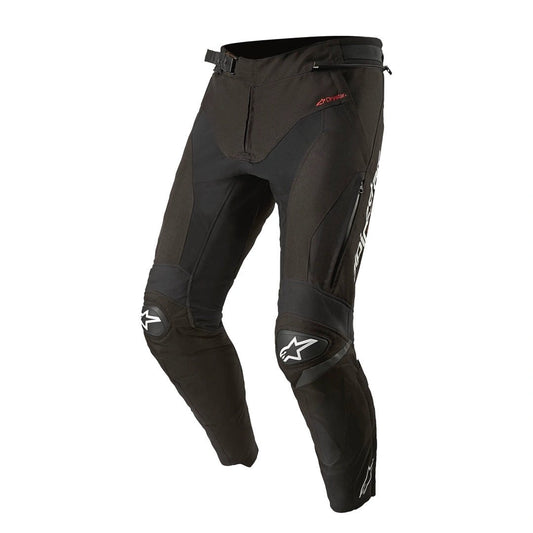 Alpinestars T-SP R Drystar textile pants, black, with knee guards and zip pockets.