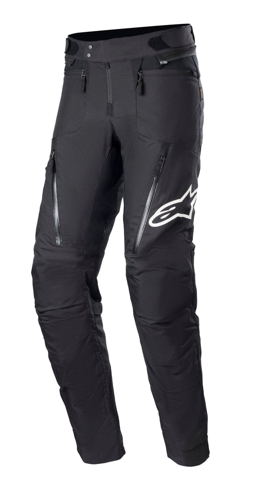 Alpinestars RX-3 waterproof black motorcycle pants with multiple zip pockets and white logo