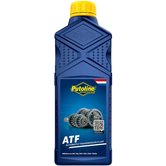 Putoline ATF automatic transmission fluid bottle, blue container with yellow cap, 1 L