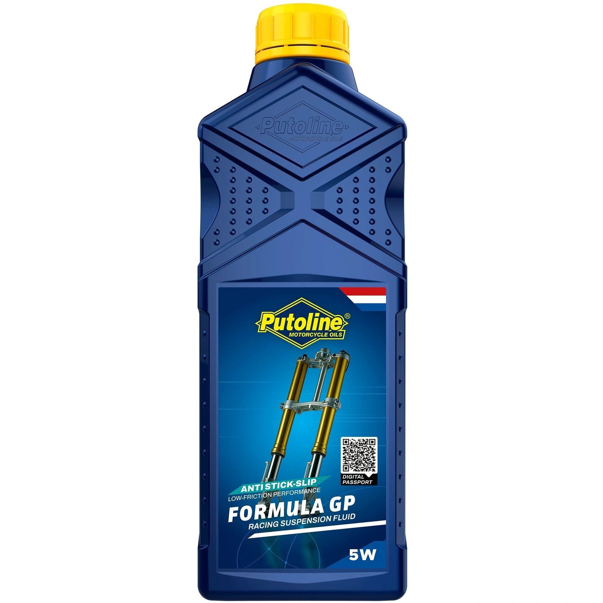 Putoline Formula GP 5W Fork Oil, 1L blue bottle with yellow cap, racing suspension fluid