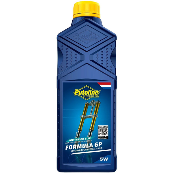 Putoline Formula GP 5W Fork Oil, 1L blue bottle with yellow cap, racing suspension fluid