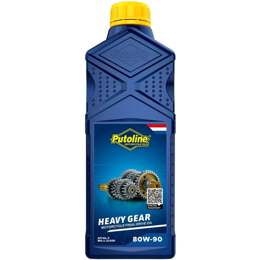 Putoline Heavy Gear 80W-90 motorcycle final-drive oil bottle, blue container with yellow cap