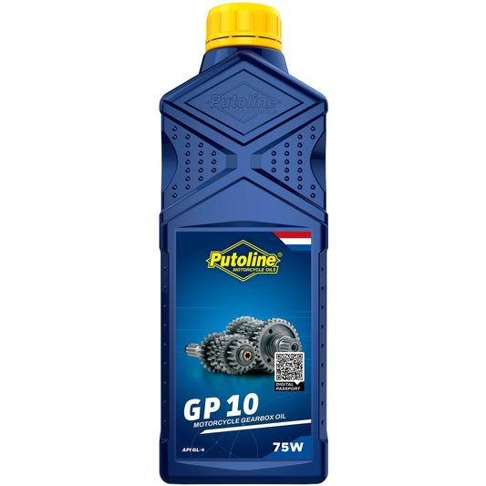 Putoline GP 10 75W motorcycle gearbox oil bottle, blue container with yellow cap, 1 L.