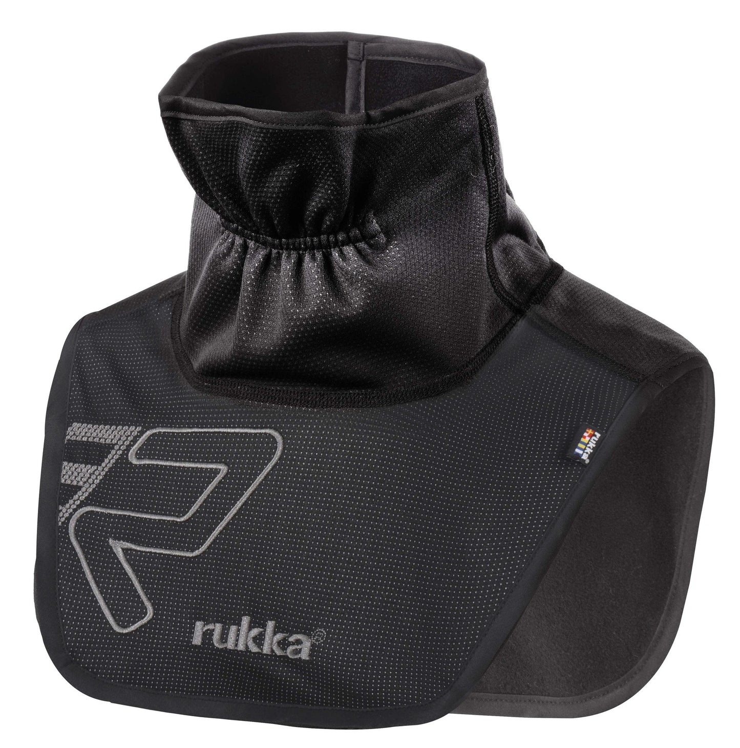 Rukka Wind-R neck warmer, black dotted fabric with large gray Rukka logo