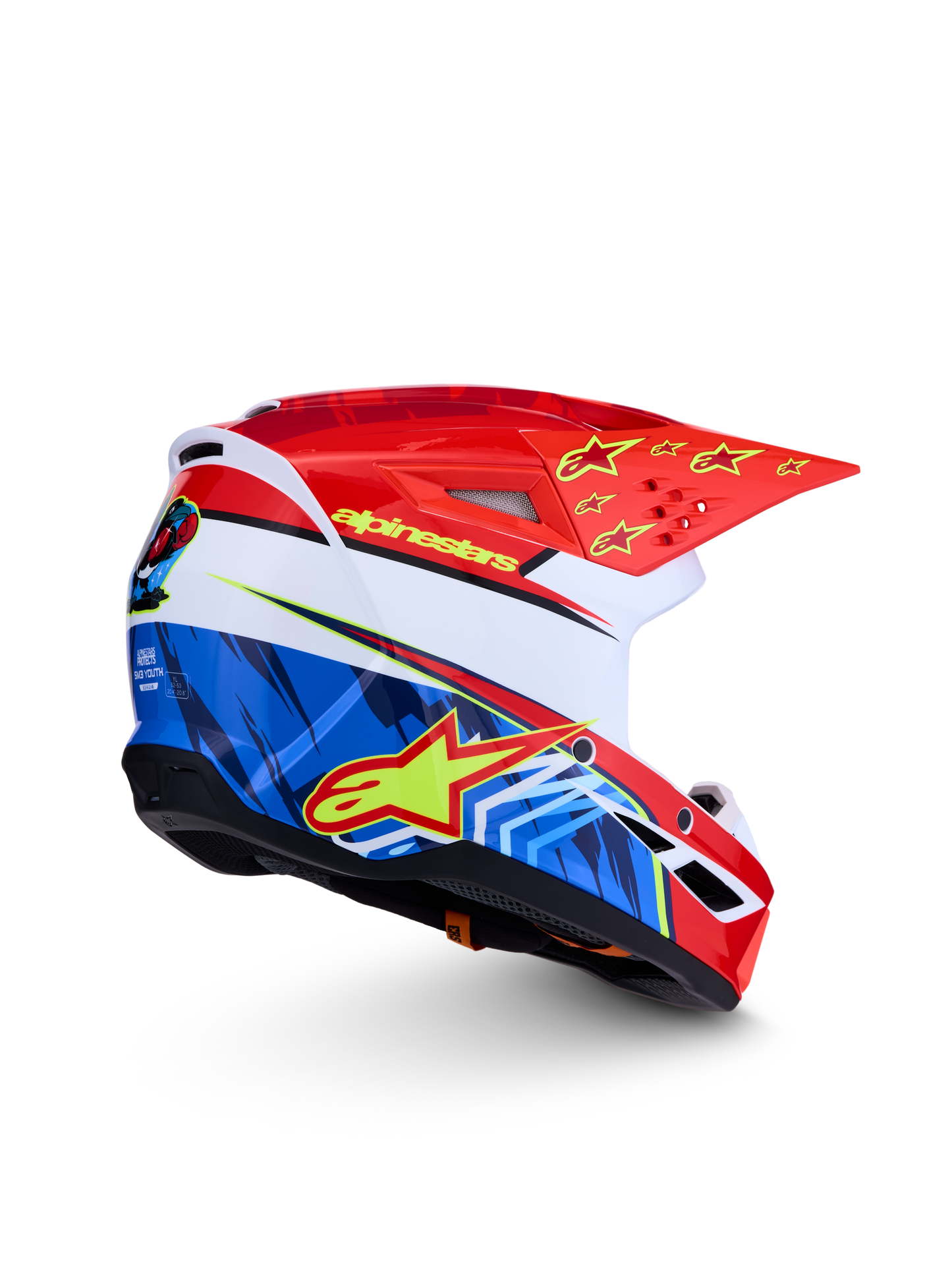 Alpinestars Jeugd S-M3 Falcon Helm ECE 22.06 Rood Fluor Wit Blauw Geel Fluor Glans