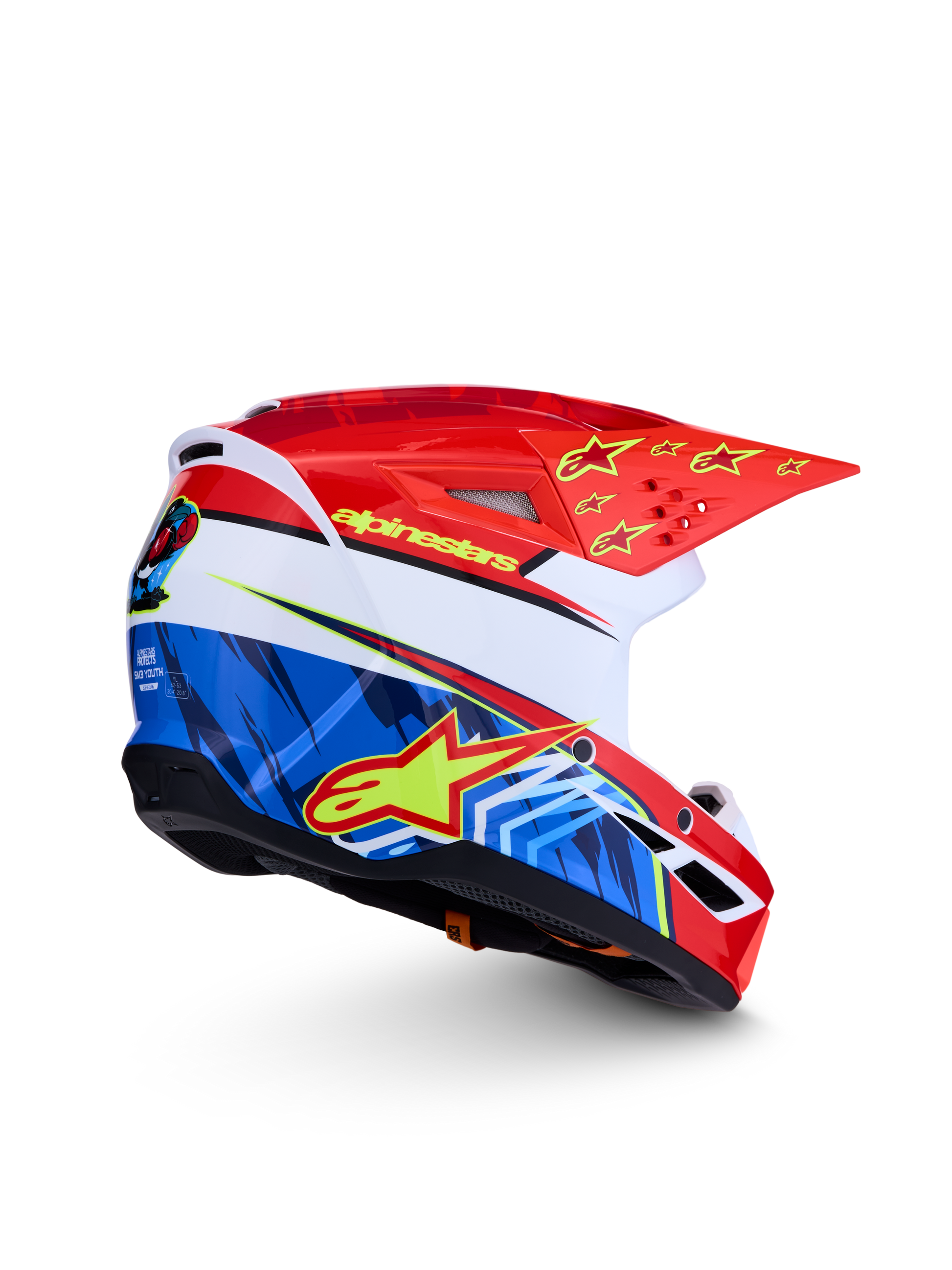 Alpinestars Jeugd S-M3 Falcon Helm ECE 22.06 Rood Fluor Wit Blauw Geel Fluor Glans