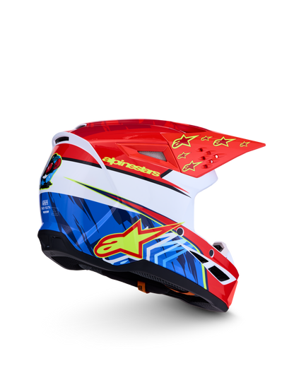 Alpinestars Jeugd S-M3 Falcon Helm ECE 22.06 Rood Fluor Wit Blauw Geel Fluor Glans