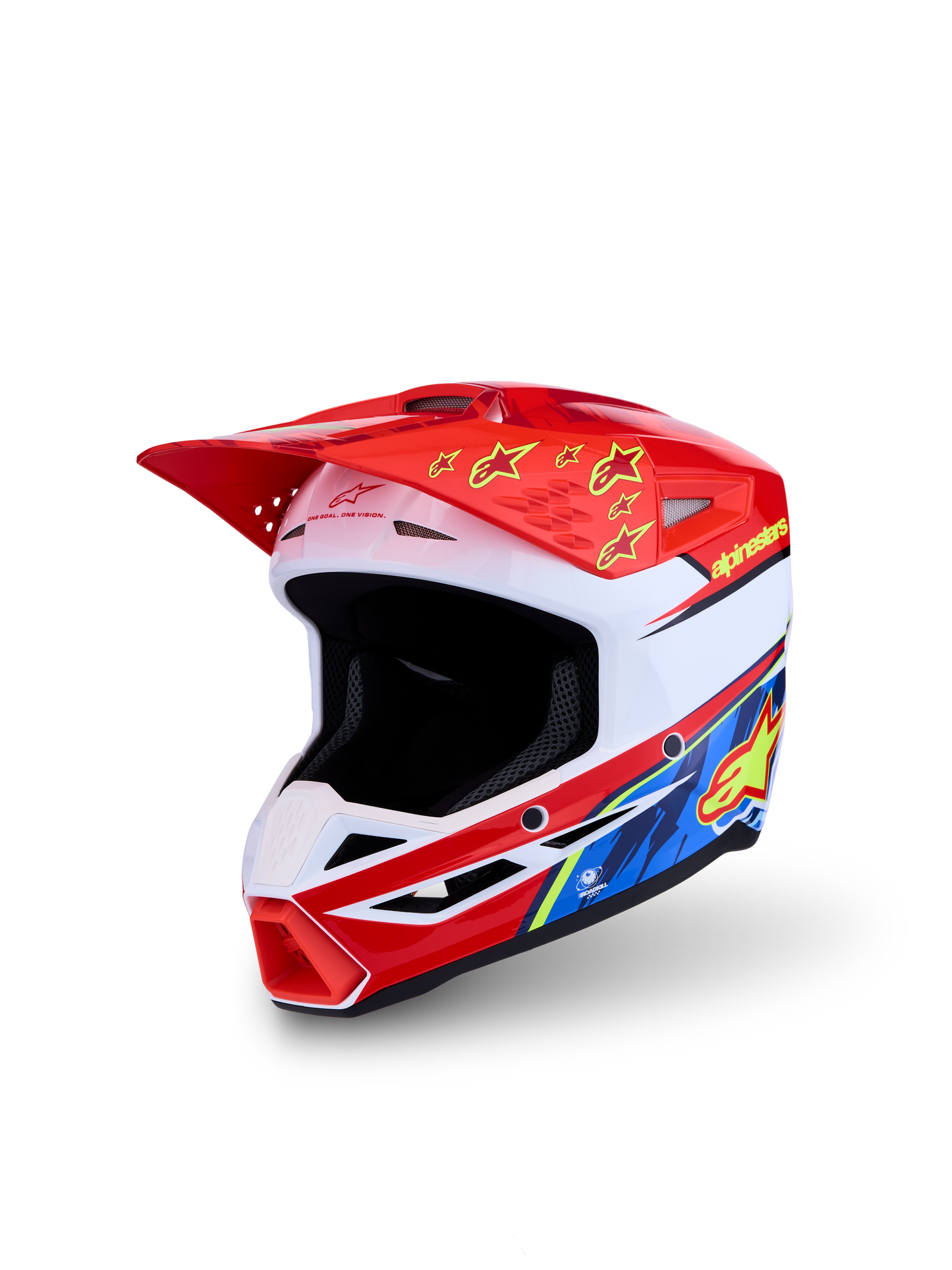 Alpinestars Jeugd S-M3 Falcon Helm ECE 22.06 Rood Fluor Wit Blauw Geel Fluor Glans