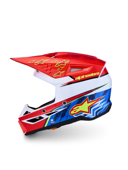 Alpinestars Jeugd S-M3 Falcon Helm ECE 22.06 Rood Fluor Wit Blauw Geel Fluor Glans