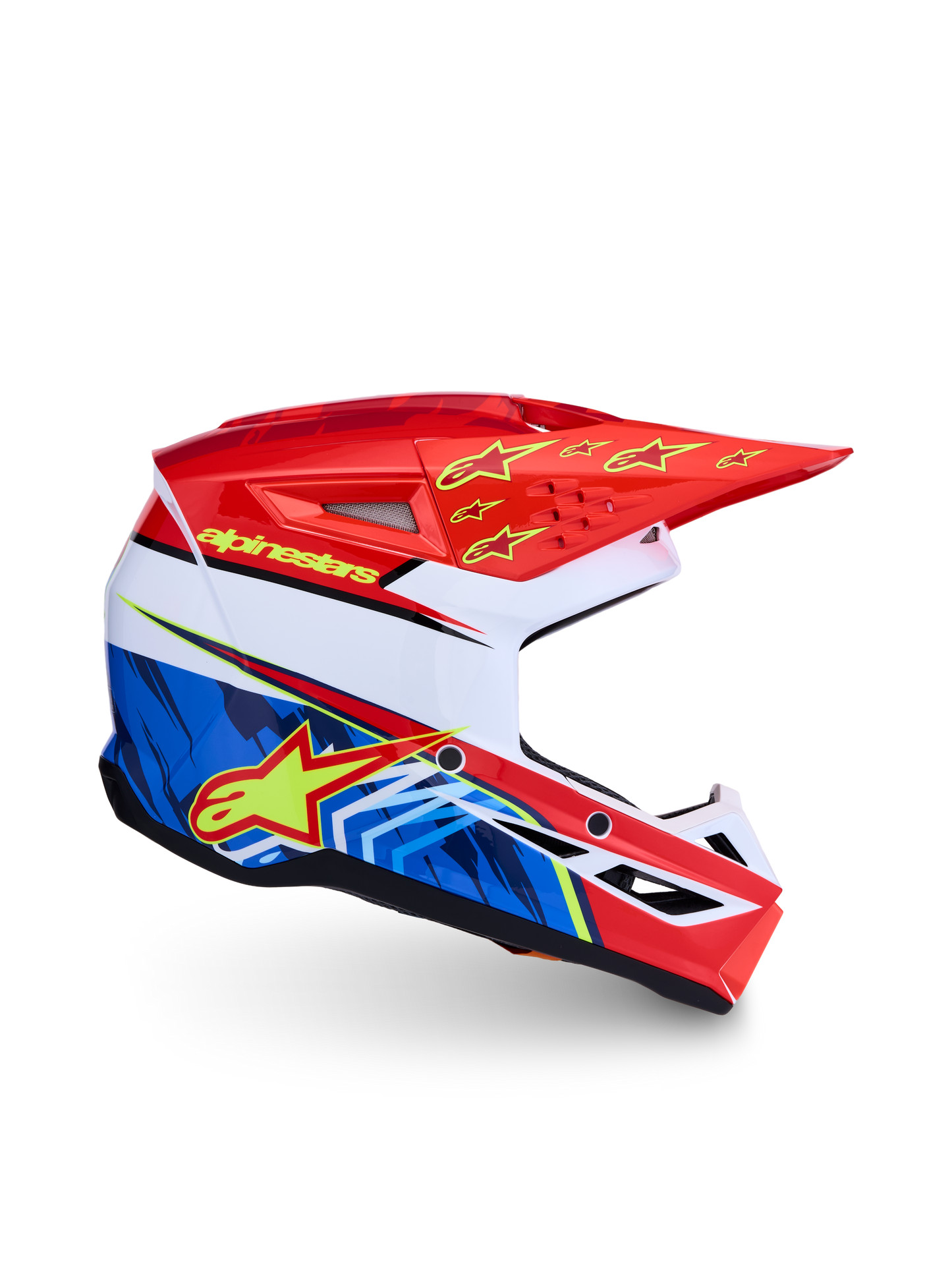 Alpinestars Jeugd S-M3 Falcon Helm ECE 22.06 Rood Fluor Wit Blauw Geel Fluor Glans