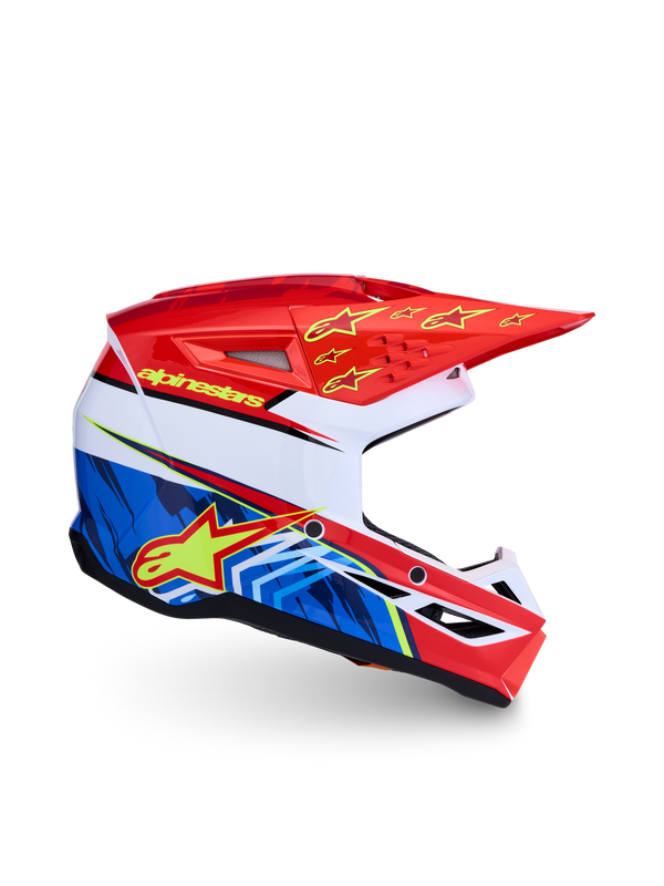 Alpinestars Jeugd S-M3 Falcon Helm ECE 22.06 Rood Fluor Wit Blauw Geel Fluor Glans