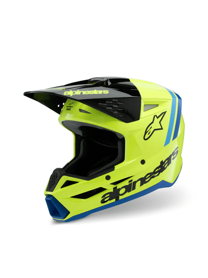 Alpinestars MX Jeugd/Kinderen crosshelm SM3 Radium Fluor Geel / Zwart / Blauw 2026 collectie