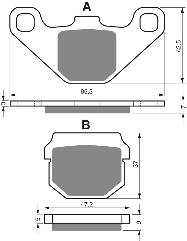 Technische illustratie: GOLDFREN Brake Pads 047 Ceramic Carbon K1 – 047 K1; uitvoering volgens artikelgegevens