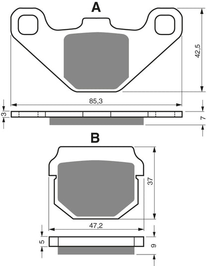 Technische illustratie: GOLDFREN Brake Pads 047 Ceramic Carbon K1 – 047 K1; uitvoering volgens artikelgegevens