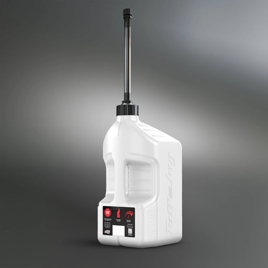 TuffJug 20L white plastic jug with standard cap and auto-stop spout; embossed TuffJug logo on the side.