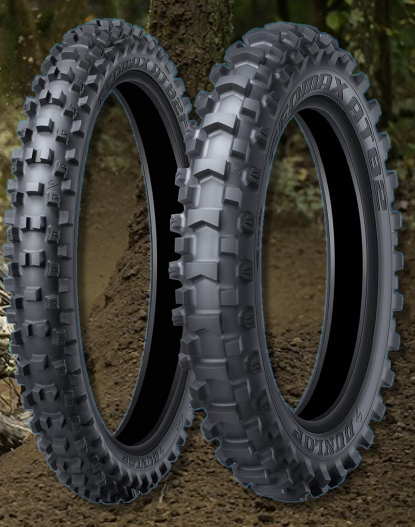 Fabrikantillustratie bandenserie; één band volgens vermelde maat: Dunlop Geomax AT82 90/100-21 57M TT Fr