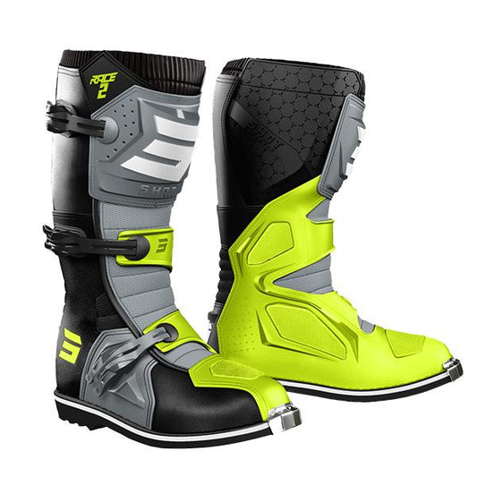 Shot Race Race MX-Stiefel für Erwachsene, Modell Race 2, Schwarz/Grau/Fluoreszierendes Gelb