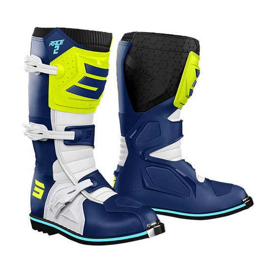 Shot Race Erwachsenen Race 2 MX-Stiefel Blau/Fluoreszierendes Gelb