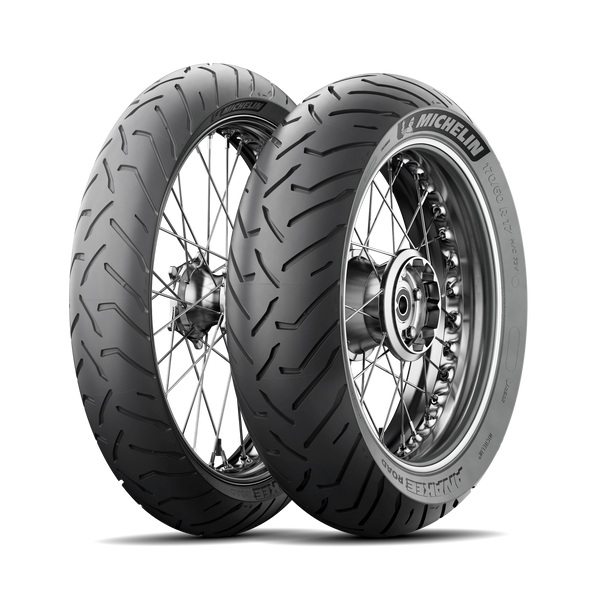 Michelin Anakee Road motorcycle tires pair on silver spoked rims