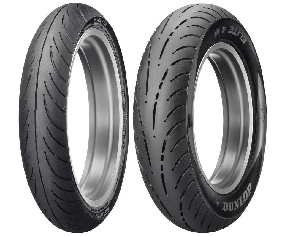 Pair of Dunlop Elite 4 front motorcycle tires, 130/70R18 TL, black