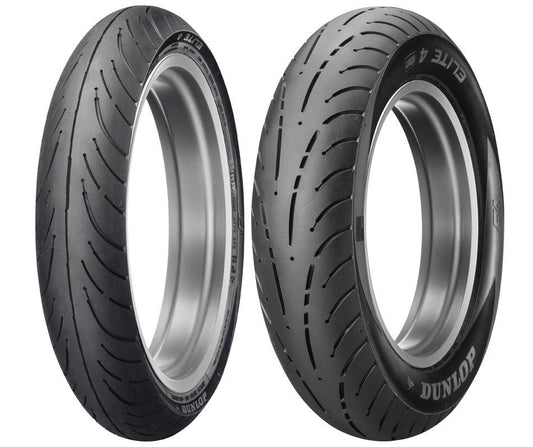 Pair of Dunlop Elite 4 front motorcycle tires, 130/70R18 TL, black