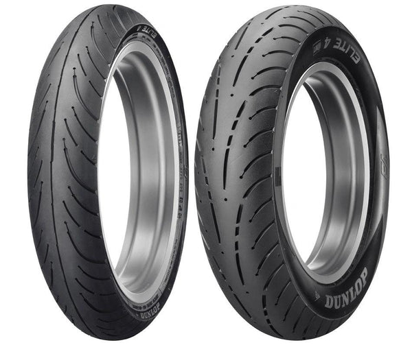 Pair of Dunlop Elite 4 front motorcycle tires, 130/70R18 TL, black
