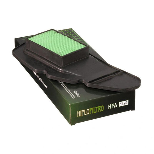 HiFlo HFA1120 air filter with green pleated media in a black housing on HiFloFiltro packaging.