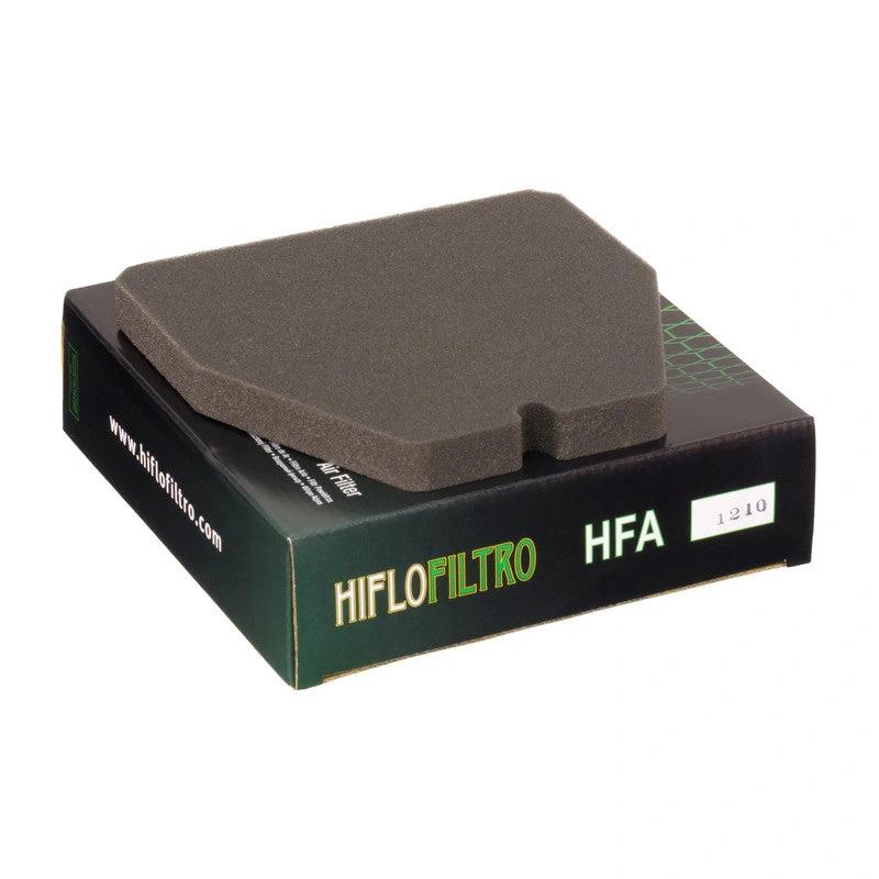 HiFlo air filter HFA1210, grey foam element on green packaging with HiFloFiltro logo.