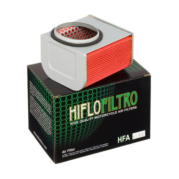 HiFlo HFA1711 air filter with red pleated media in gray housing.