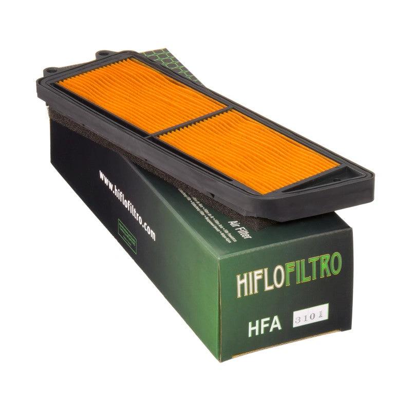 HiFlo HFA3101 air filter, rectangular orange pleated element in a black frame