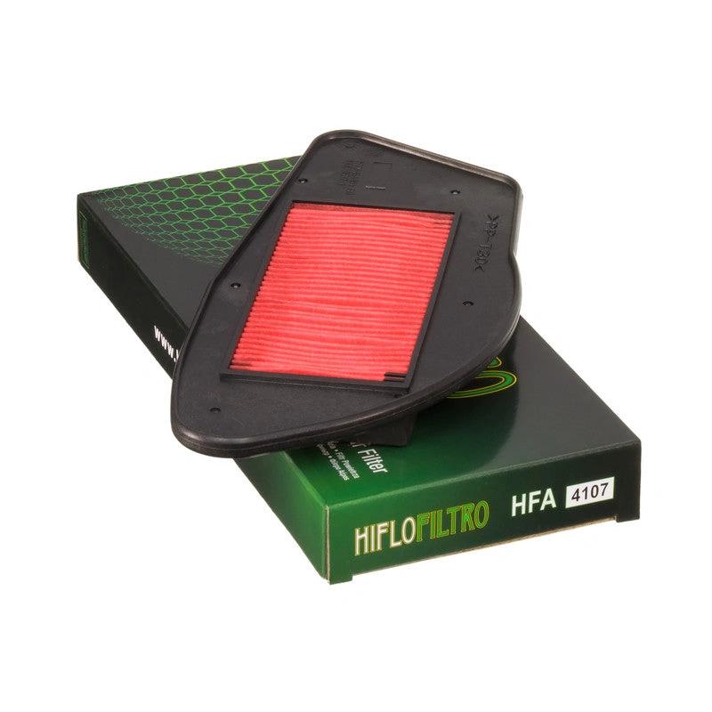 HiFlo HFA4107 air filter with red pleated element and black housing
