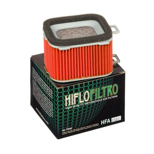 HiFlo air filter HFA4501, red pleated element with black foam seal on green honeycomb box