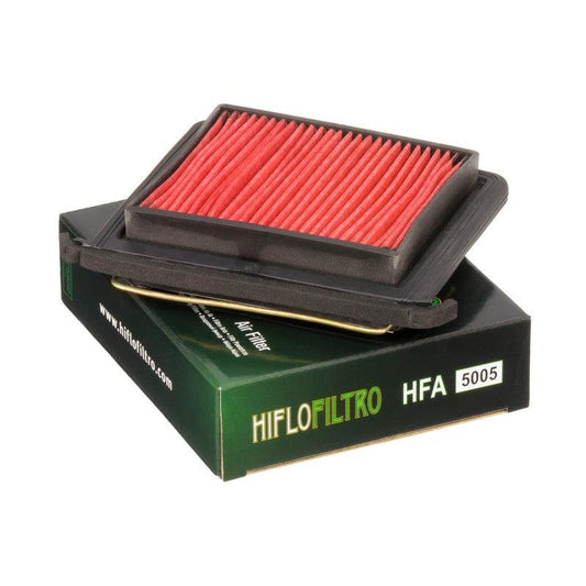 HiFlo air filter HFA5005 with red pleated element and black frame on green HiFlo box