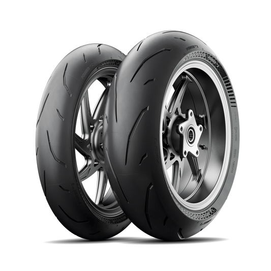 Michelin Power GP2 motorcycle tires, pair on silver rims