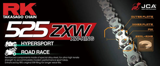 RK 525ZXW XW-ring motorcycle chain by RKJapan with rivet link