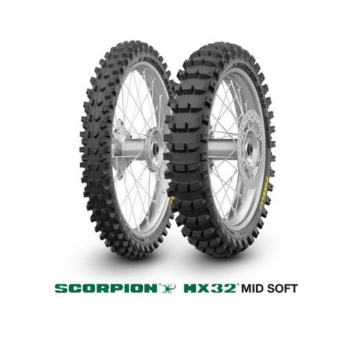 Pair of Pirelli Scorpion MX32 Mid Soft motocross tires, size 90/100-12 NHS