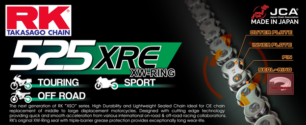 RK 525XRE XW-RING motorcycle chain by RKJapan; sealed XW-ring design for touring, sport, off-road.