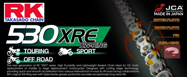 RK 530XRE XW-Ring motorcycle chain by RK Japan, sealed for touring and off-road use