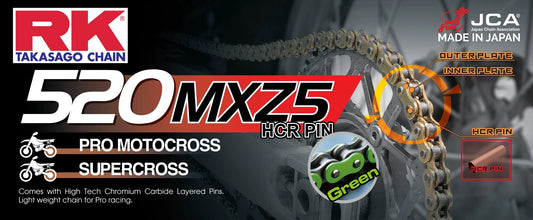 RK 520MXZ5 Offroad Pro chain by RK Japan, green Connect.link, non-seal, gold outer plates.