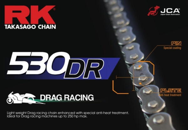 RK 530DR Drag Race Chain by RKJapan; steel motorcycle chain for drag racing.
